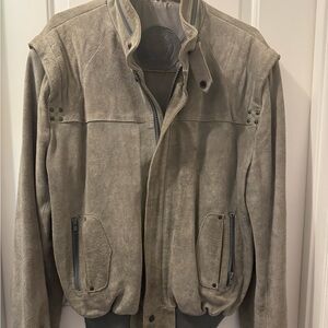 Tan Bomber Jacket with Stand-Up Collar and Ribbed Cuffs